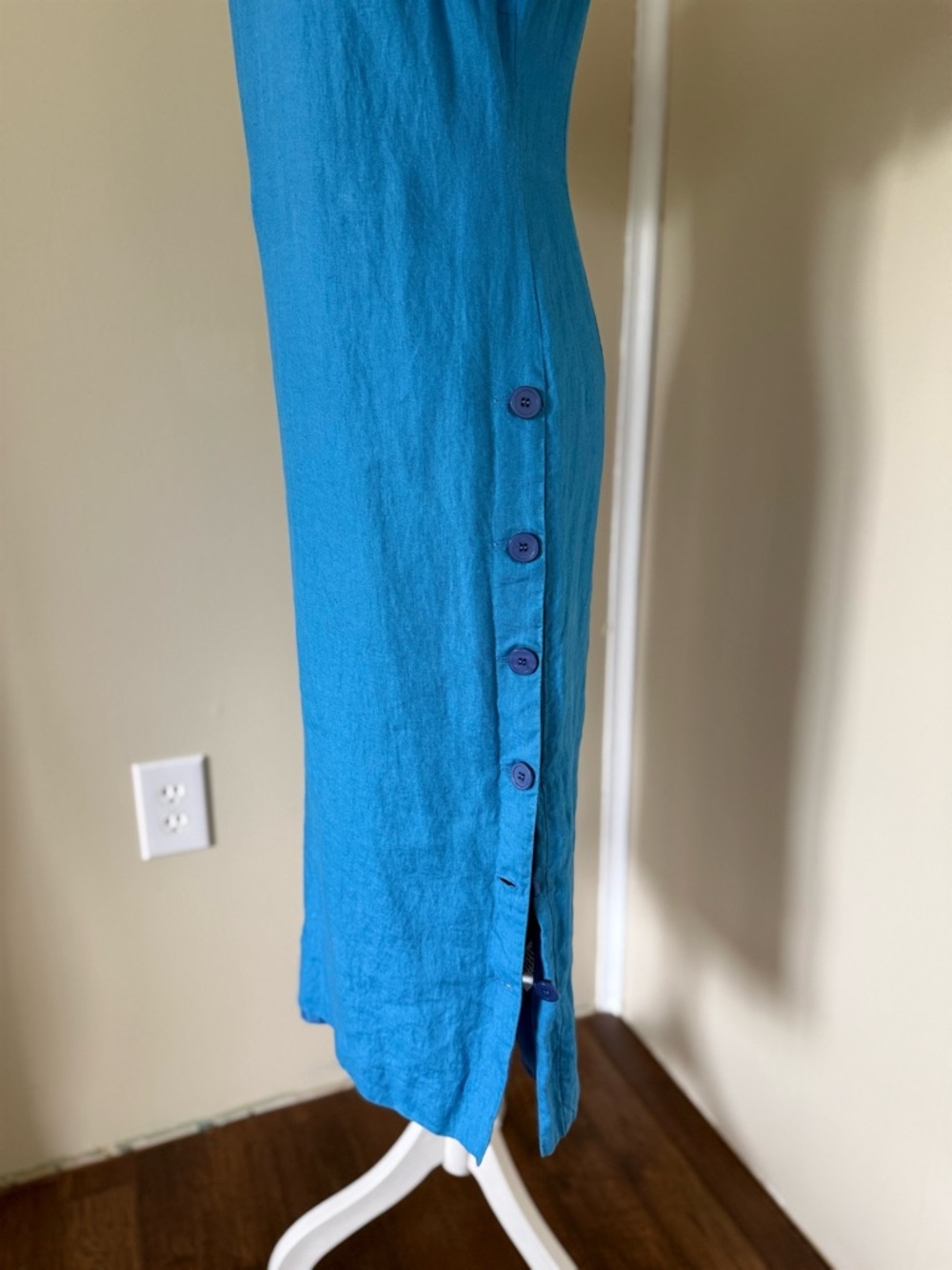 Vintage 90s Talbots Blue Short-Sleeve Midi Dress Side Button Slit Irish Linen - Picture 2 of 11